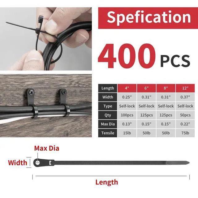 Alt view image 3 of 7 - 400Pcs Mountable Head Zip Ties with Screw Hole (4"+6"+8"+12") | Assorted Sizes Mountable Head Cable Ties, UV Resistant, Weatherproof, Self-Locking ties for Indoor Outdoor Cable Management