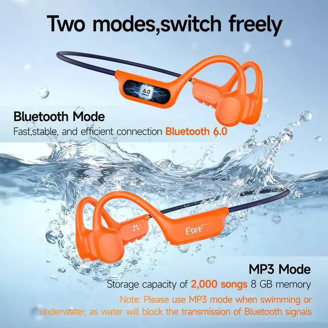Alt view image 5 of 7 - Swimming Headphones Underwater - IP68 Waterproof | Bone Conduction Headphones Bluetooth 6.0,Bone Conduction Earbuds with 8G MP3 for Swimming Running Cycling Sports (Orange)