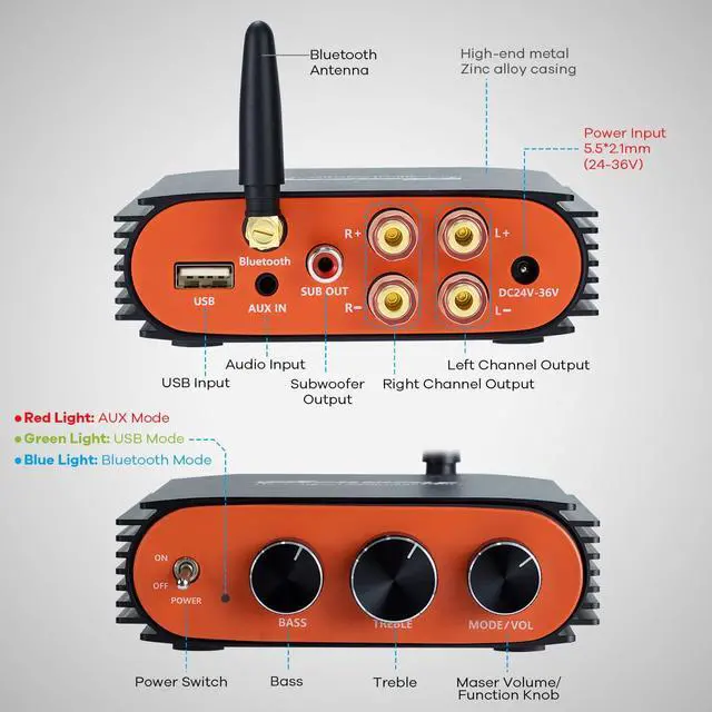 Alt view image 4 of 7 - 600W 2 Channel Bluetooth 5.3 Amplifier, TPA3255 HiFi Stereo Audio Amp with Subwoofer Output, USB/AUX Input, with Bass Treble Control for Passive Speakers, Home Audio