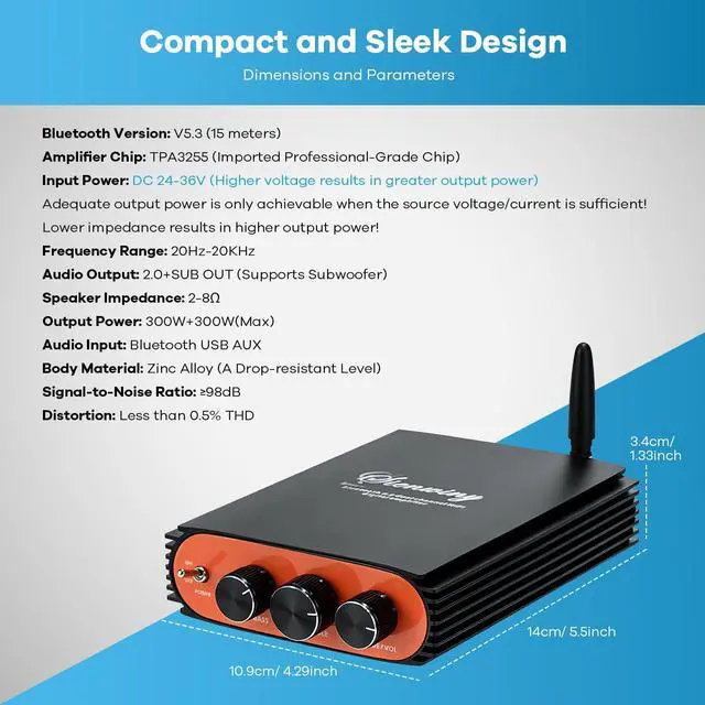 Alt view image 5 of 7 - 600W 2 Channel Bluetooth 5.3 Amplifier, TPA3255 HiFi Stereo Audio Amp with Subwoofer Output, USB/AUX Input, with Bass Treble Control for Passive Speakers, Home Audio