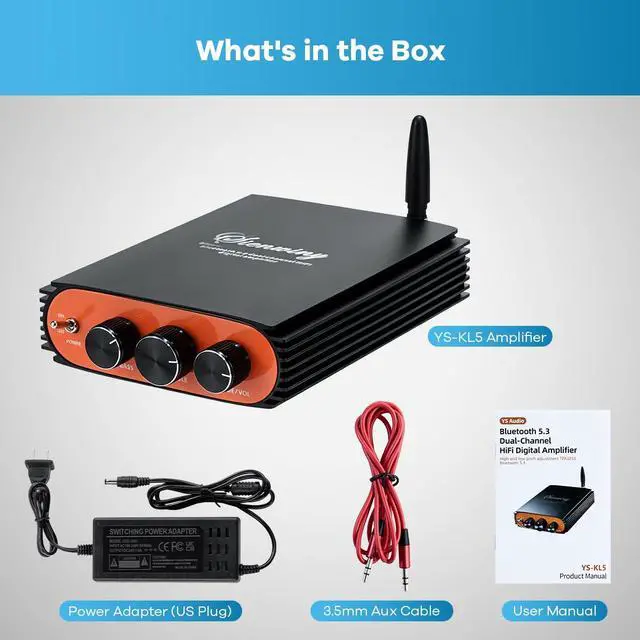 Alt view image 6 of 7 - 600W 2 Channel Bluetooth 5.3 Amplifier, TPA3255 HiFi Stereo Audio Amp with Subwoofer Output, USB/AUX Input, with Bass Treble Control for Passive Speakers, Home Audio