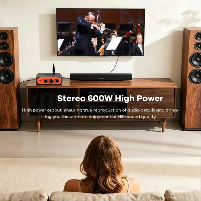 Alt view image 7 of 7 - 600W 2 Channel Bluetooth 5.3 Amplifier, TPA3255 HiFi Stereo Audio Amp with Subwoofer Output, USB/AUX Input, with Bass Treble Control for Passive Speakers, Home Audio