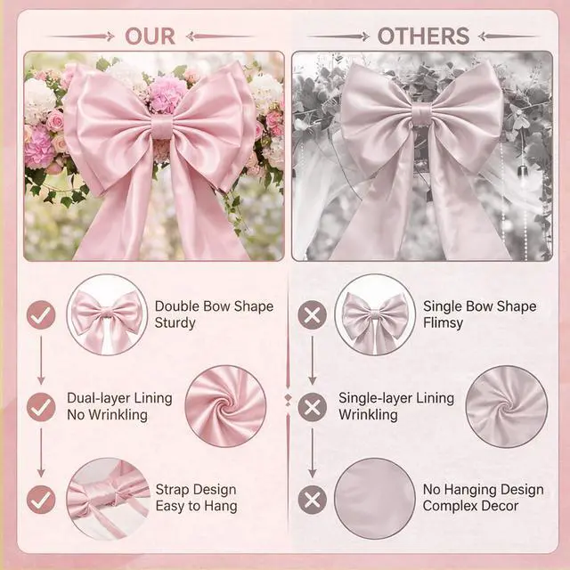 Alt view image 4 of 7 - Giant Bow Decor, 83x20 Inch Large Pink Bows for Decoration with Back Ribbon | Satin Fabric, Double Sturdy Bow Shape,Strap Design, for Birthday Party Room Wedding Baby Shower Decorations