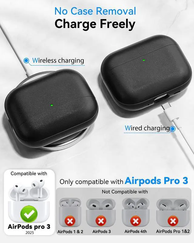 Alt view image 6 of 7 - for AirPods Pro 3 Case, Leather-Like Texture Hard Shell | Drop Protective for Airpods Pro 3rd Generation 2025 Case with Lanyard & Cleaner Kit, Scratch-resistant, Black