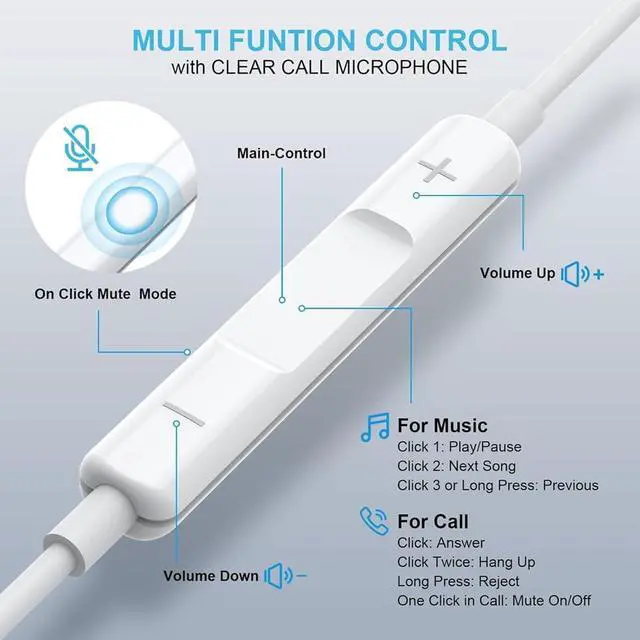 Alt view image 3 of 6 - 2 Packs Wired Headphones for iPhone Earbuds Built-in Microphone & Volume Control Nosie Reduction Headsets Compatible with iPhone 14/13/12/11/XR/XS/X/8/7/SE/Pro/Pro Max