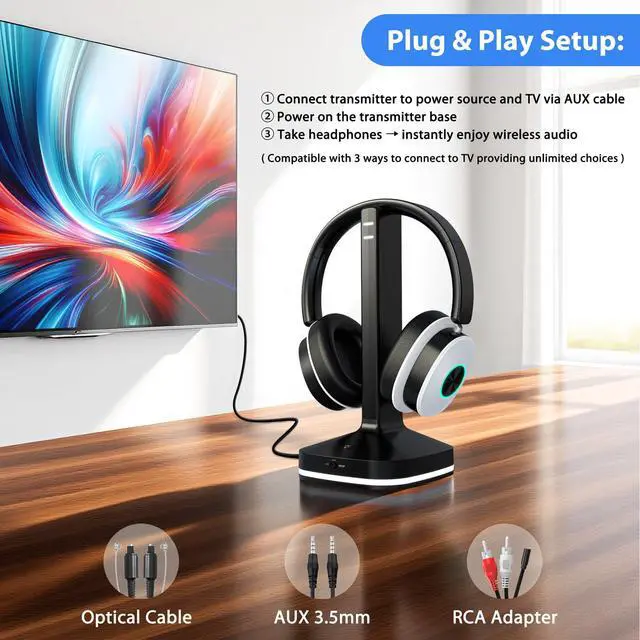 Alt view image 7 of 7 - Wireless Headphones for TV Watching, TV Headphones Wireless for Seniors with Transmitter Charging Base, Over Ear Headset with 3 Audio Modes, No Audio Delay Blutooth 5.4, Gifts for Parents, Black&White