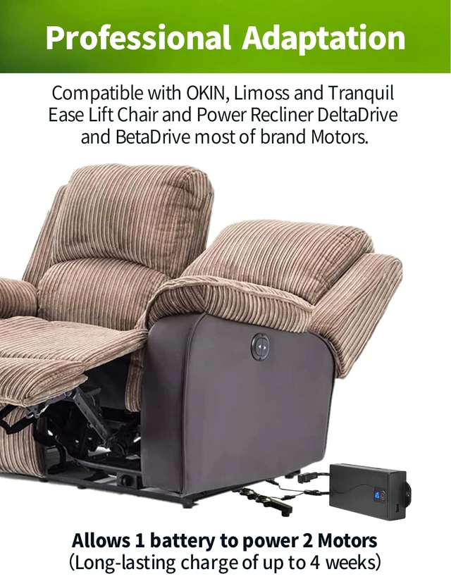 Alt view image 3 of 7 - Battery Pack for Reclining Furniture, 2500mAh Universal Wireless Power Recliner Battery Rechargeable with 2-Pin Electric Cord for Electric Recliner, Lift Chairs, Sofas (Charger Not Included)