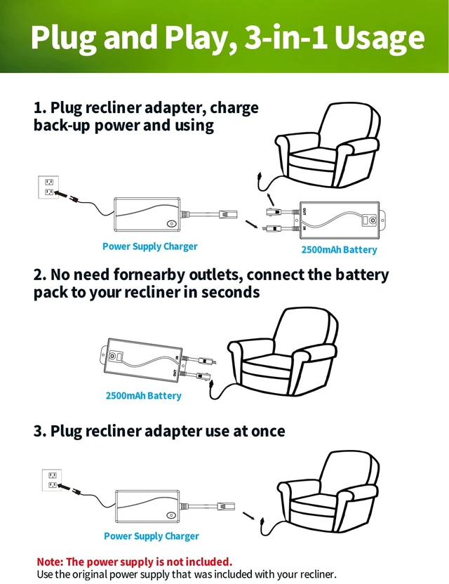 Alt view image 5 of 7 - Battery Pack for Reclining Furniture, 2500mAh Universal Wireless Power Recliner Battery Rechargeable with 2-Pin Electric Cord for Electric Recliner, Lift Chairs, Sofas (Charger Not Included)