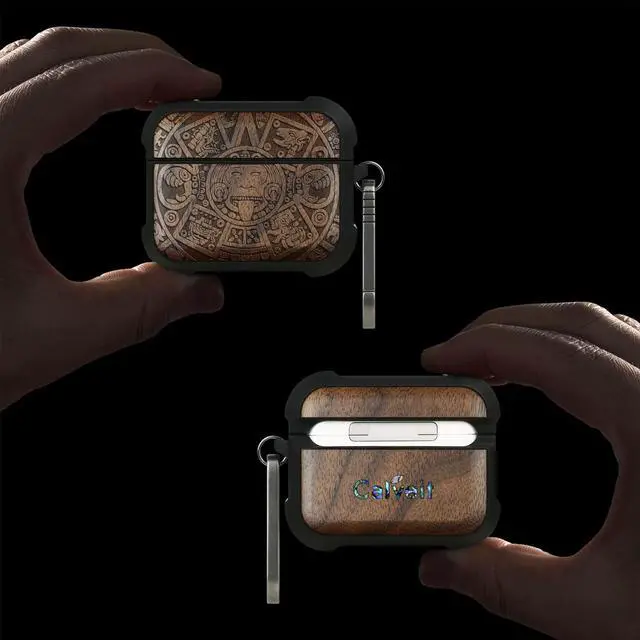 Alt view image 2 of 7 - Solid Wood Case for AirPods Pro 3, The Maya Calendar, Walnut | AirPods Pro Case 3rd Generation, Titanium metal Quick-Release Keychain, Compatible with Wireless Charging, Wood-Engraved