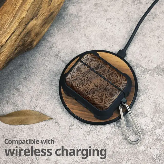 Alt view image 5 of 7 - Solid Wood Case for AirPods Pro 3, The Maya Calendar, Walnut | AirPods Pro Case 3rd Generation, Titanium metal Quick-Release Keychain, Compatible with Wireless Charging, Wood-Engraved