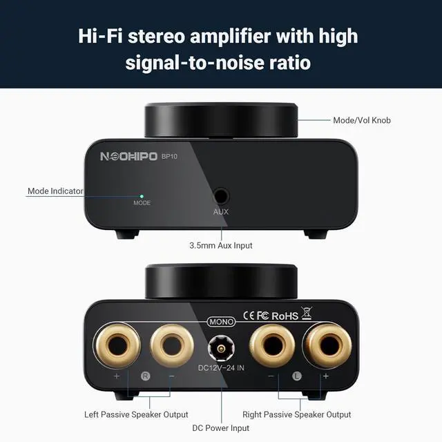 Alt view image 4 of 7 - Mini Bluetooth Amplifier for Speakers, Stereo (50WX2)/Mono (100W)/Dual Mode (100WX2) Audio Amp, AUX and Bluetooth Inputs up to 20m, Bass Amplifiers for Passive Loudspeakers/Bass Shakers