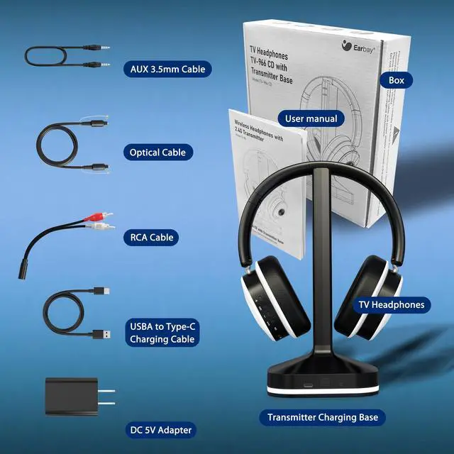 Alt view image 6 of 7 - Wireless Headphones for TV Watching, TV Headphones Wireless for Seniors with Transmitter Charging Base, Over Ear Headset with 3 Audio Modes, No Audio Delay Blutooth 5.4, Gifts for Parents, Black&White