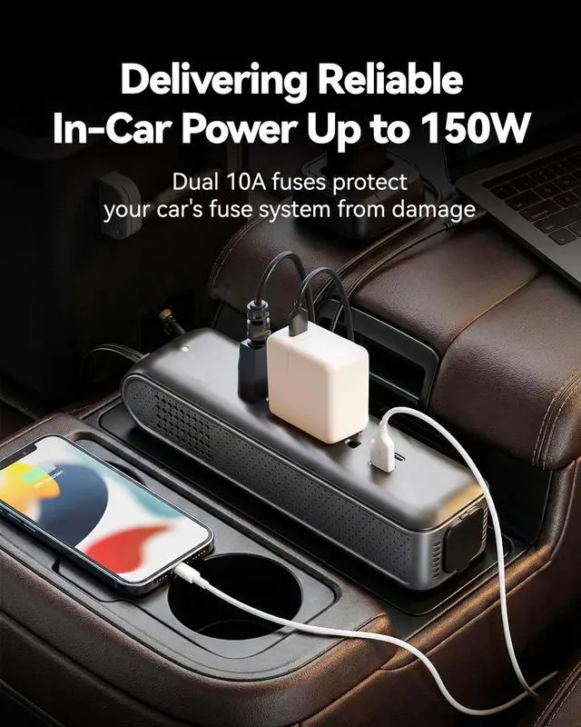Alt view image 2 of 7 - 150W Cigarette Lighter Adapter Car Power Inverter DC 12V to 110V AC with 3 AC Outlets, 18W USB-C, USB-A & Extra 12V Socket for Laptop, Phone, Tablet, Game Console
