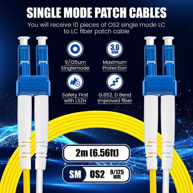 Alt view image 2 of 7 - 2m(6.56 ft) 10 Pack Lc to Lc Single Mode Fiber Patch Cable Bulk, Os2 Duplex Lszh, Smf Single Mode Fiber Optic Cable Jumper Cord for Data Center, Yellow