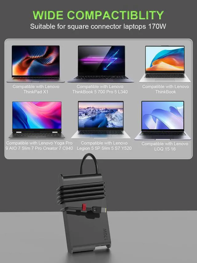 Alt view image 3 of 7 - 170W Slim Charger Compatible with Lenovo Legion Slim 5 5P S7 5i,Yoga Pro 7 9,IdeaPad Pro 5,Thinkpad P1 P50 P51 P52 P53 P70 P71 Laptop Suitable for Travel and Office use