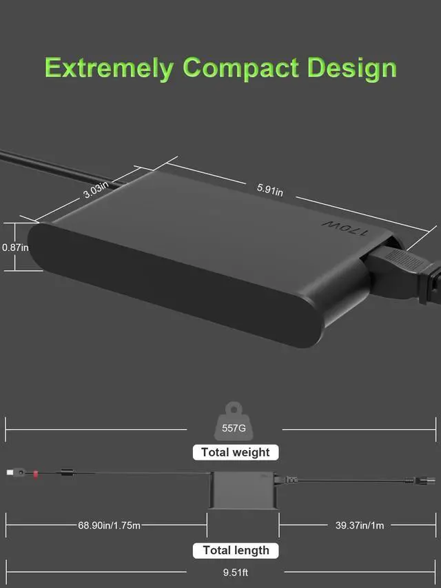 Alt view image 4 of 7 - 170W Slim Charger Compatible with Lenovo Legion Slim 5 5P S7 5i,Yoga Pro 7 9,IdeaPad Pro 5,Thinkpad P1 P50 P51 P52 P53 P70 P71 Laptop Suitable for Travel and Office use