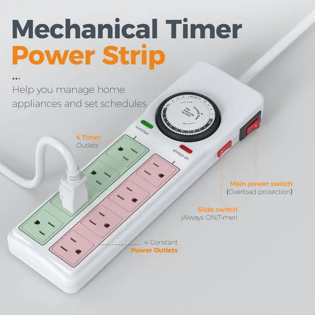 Alt view image 2 of 7 - Timer Surge Protector Power Strip with Switch for Aquarium Light | 8 AC timer Power Strip with 900J Surge protection(4 Timed Sockets, 4 Always-On), 4 FT Extension Cord with Multiple Outlets