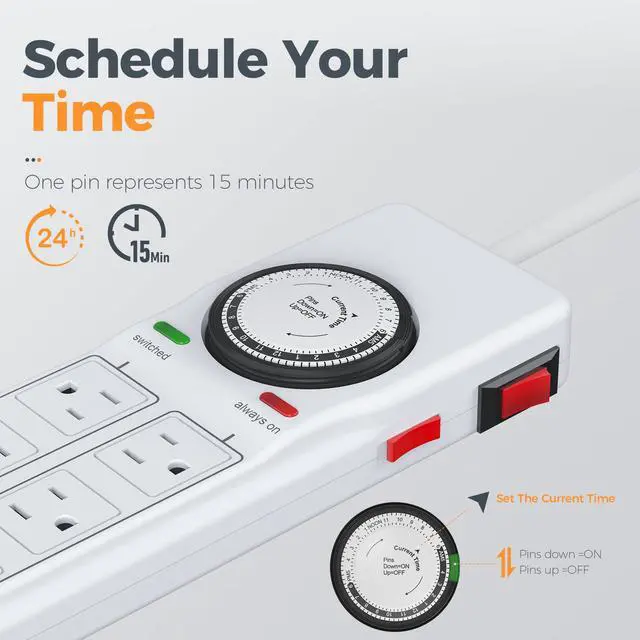 Alt view image 3 of 7 - Timer Surge Protector Power Strip with Switch for Aquarium Light | 8 AC timer Power Strip with 900J Surge protection(4 Timed Sockets, 4 Always-On), 4 FT Extension Cord with Multiple Outlets
