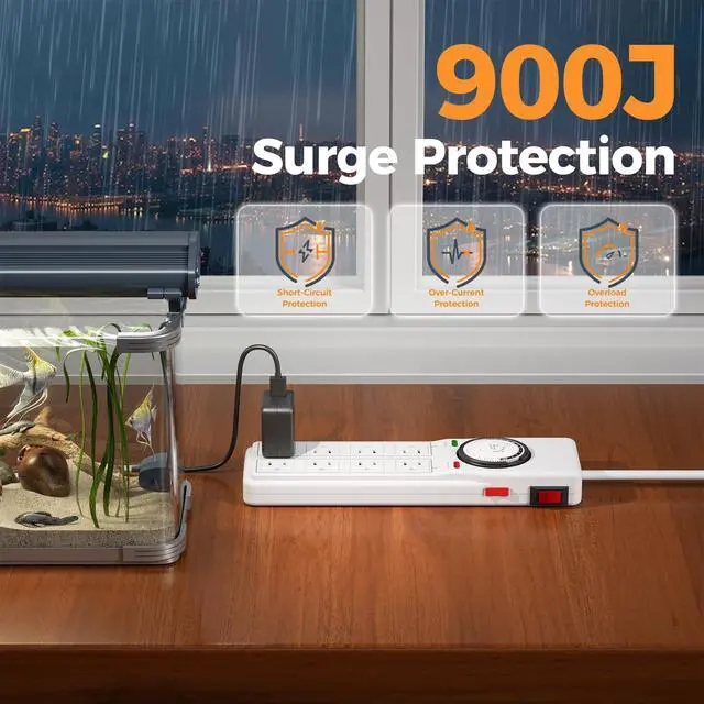 Alt view image 5 of 7 - Timer Surge Protector Power Strip with Switch for Aquarium Light | 8 AC timer Power Strip with 900J Surge protection(4 Timed Sockets, 4 Always-On), 4 FT Extension Cord with Multiple Outlets