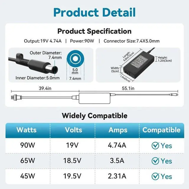 Alt view image 6 of 6 - 90W AC Adapter for HP EliteDesk 705 800 805 G1-G6 Mini, for HP ProDesk 600 | for HP ProDesk 260 400 405 600 G1-G6, 400 G9 Mini Desktop, 19V 4.74A 7.4x5.0mm Power Supply