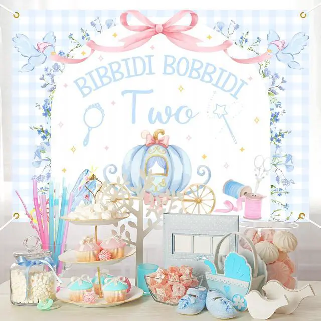 Alt view image 6 of 6 - Bibbity Bobbity Two Backdrop - Castle Princess Magical 2nd Bday Decor, Bibbidi Bobbidi Two Banner, Cheers to 2 Years, Pumpkin Cart 2nd Birthday Party Decorations 7x5ft