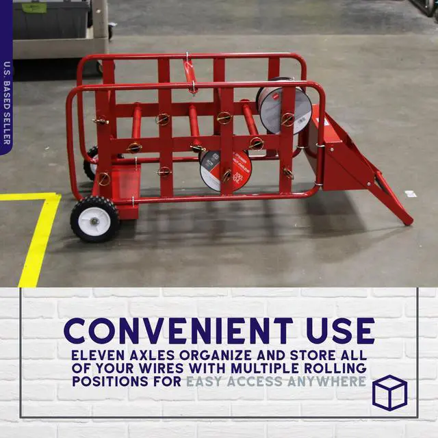 Alt view image 5 of 7 - Electrical Wire Spool Rack - 11 Axle Portable Bulk Cable Reel - 150lb Capacity Wire Caddy Dolly Cart with Storage Tray