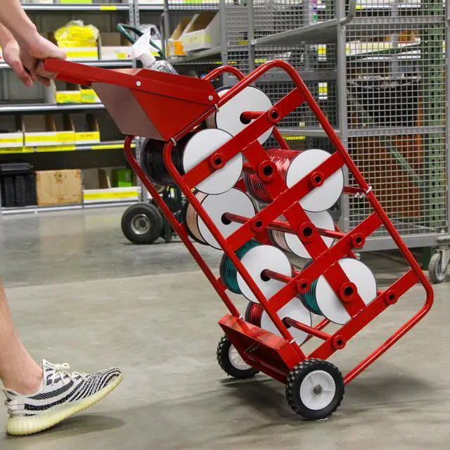 Alt view image 6 of 7 - Electrical Wire Spool Rack - 11 Axle Portable Bulk Cable Reel - 150lb Capacity Wire Caddy Dolly Cart with Storage Tray