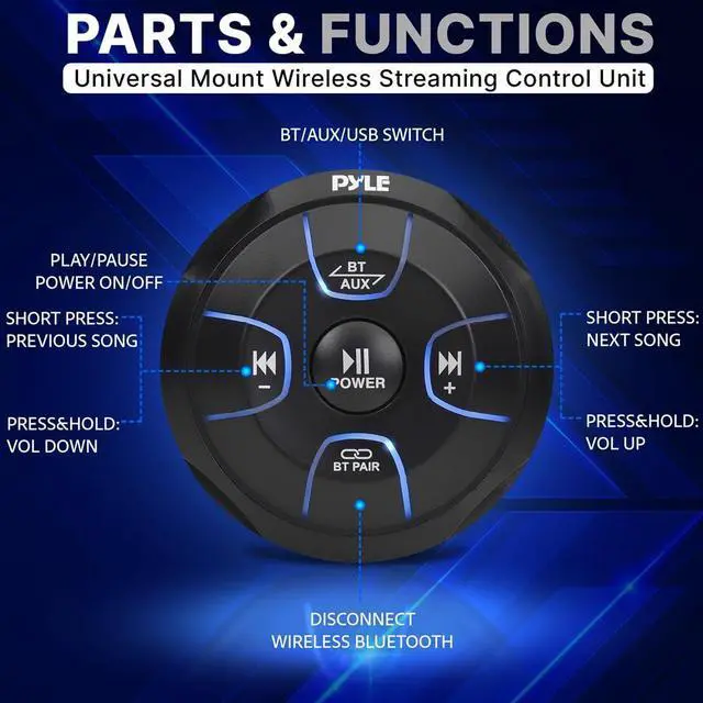 Alt view image 2 of 7 - Amplified Wireless Bluetooth Audio Controller - 800 Watt Bluetooth Media Button, Waterproof Marine Receiver Remote Control w/ AUX, Mount for Car Truck Boat Marine PowerSport Vehicles - PLMRBT19
