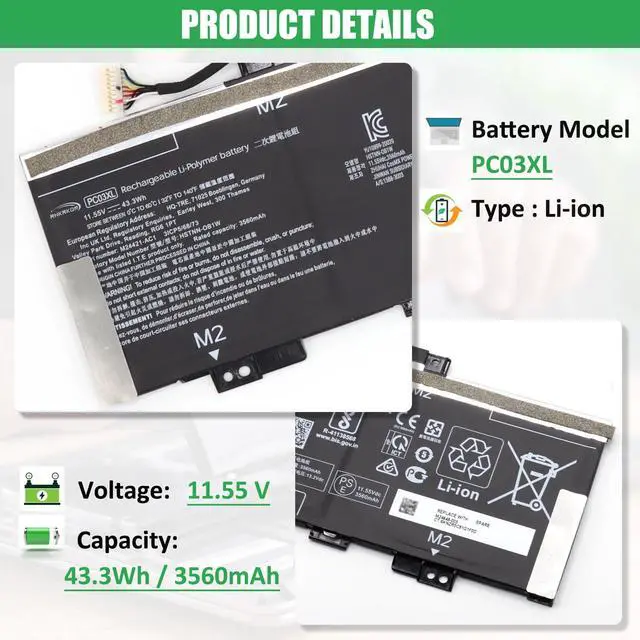 Alt view image 2 of 7 - PC03XL Laptop Battery Replacement for HP Pavilion x360 14 Convertible PC 14-DW 14-DY 14-DH 14-BA 14-CD 15-ER Series Notebook M24421-271 M24421-AC1 M24648-005 HSTNN-OB1W TPN-DB0E 11.55V 43.3Wh