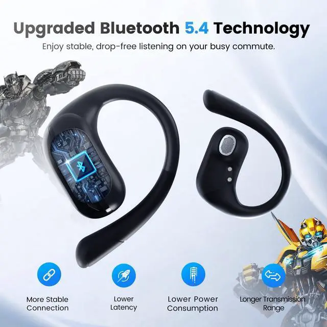 Alt view image 2 of 7 - Open Ear Wireless Headphones Bluetooth 5.4 for Running & Workouts, Over The Ear Earbuds with IPX5 Waterproof Ear Hooks, Surround Sound, LED Display & Lanyard (Black - Optimus Primal)