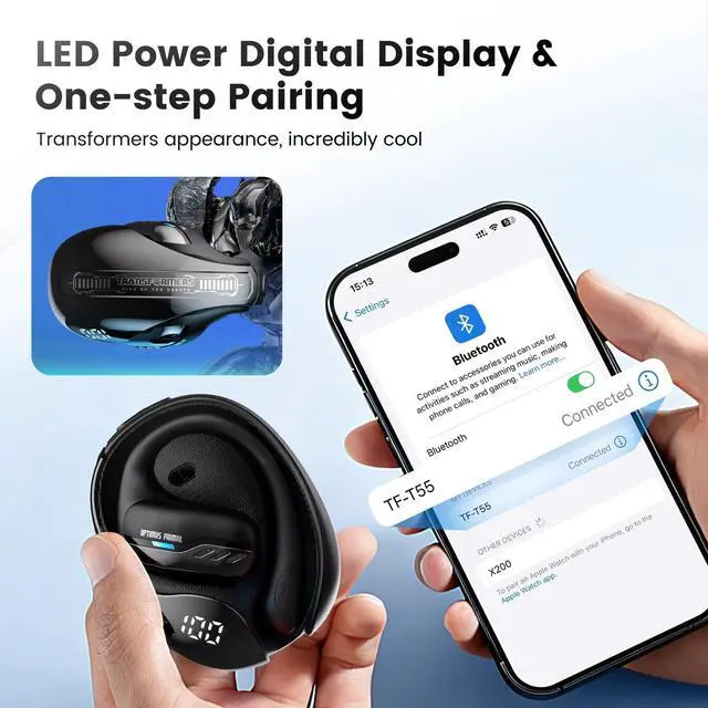 Alt view image 4 of 7 - Open Ear Wireless Headphones Bluetooth 5.4 for Running & Workouts, Over The Ear Earbuds with IPX5 Waterproof Ear Hooks, Surround Sound, LED Display & Lanyard (Black - Optimus Primal)