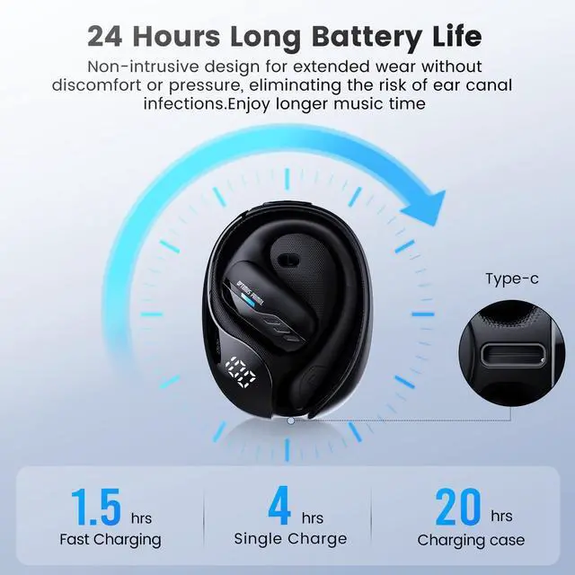 Alt view image 6 of 7 - Open Ear Wireless Headphones Bluetooth 5.4 for Running & Workouts, Over The Ear Earbuds with IPX5 Waterproof Ear Hooks, Surround Sound, LED Display & Lanyard (Black - Optimus Primal)