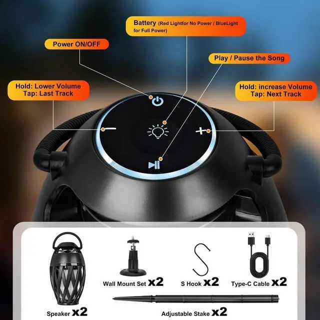 Alt view image 6 of 6 - Flame Lamp Speaker, Outdoor Speakers with Multicolor Lights, Waterproof Torch Lantern Christmas Decorations for Patio/Pool/Camping Cool Gadgets Unique Gifts for Men Him Dad