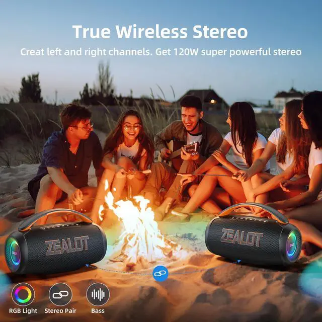 Alt view image 4 of 5 - Portable Bluetooth Speaker, 80W Peak Waterproof Loud Booming Sound Speakers, Dual Pairing, XBass, 20H Playtime, Outdoor Speaker with Handle for Camping, Beach, Party, Backyard(Black)