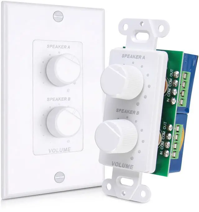 Main image of In Wall Speaker Volume Control - Home Audio Smart 2-Channel A/B Dual Channel Speakers Controller Selector Pod Box - Rotary Knob Fader Control Up to (2) Pair of Indoor or Outdoor Speakers - PVCD15