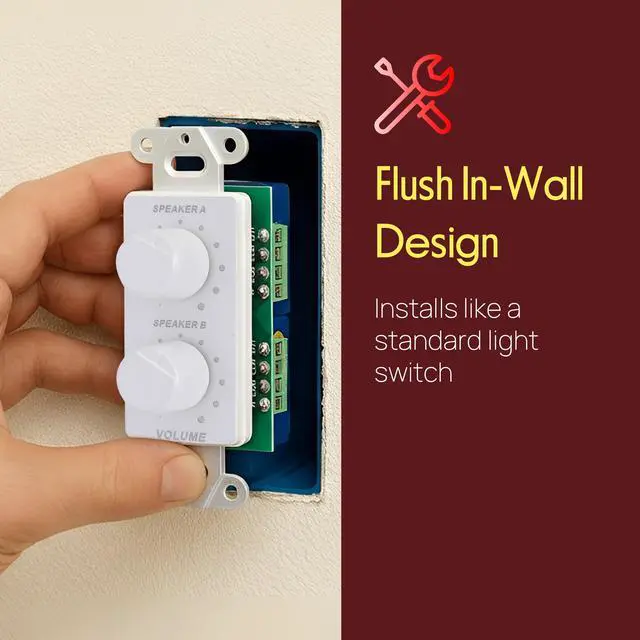 Alt view image 4 of 7 - In Wall Speaker Volume Control - Home Audio Smart 2-Channel A/B Dual Channel Speakers Controller Selector Pod Box - Rotary Knob Fader Control Up to (2) Pair of Indoor or Outdoor Speakers - PVCD15