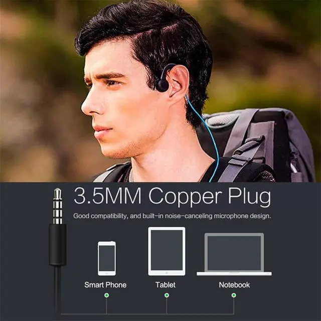 Alt view image 6 of 6 - Bone Conduction Wired Headphones with Noise Cancelling Mic 3.5mm Connector Sweat Resistant Headphones for Cycling Running and Other Sports (Black)