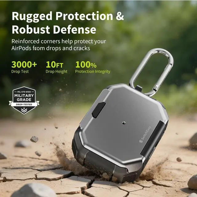 Alt view image 2 of 7 - Defender for AirPods Pro 2 Case with Lock, Military-Grade Hard Shell, Built-in Stand, Shockproof Drop Protection, Carabiner for AirPods Pro 2nd/1st Gen (Space Gray)