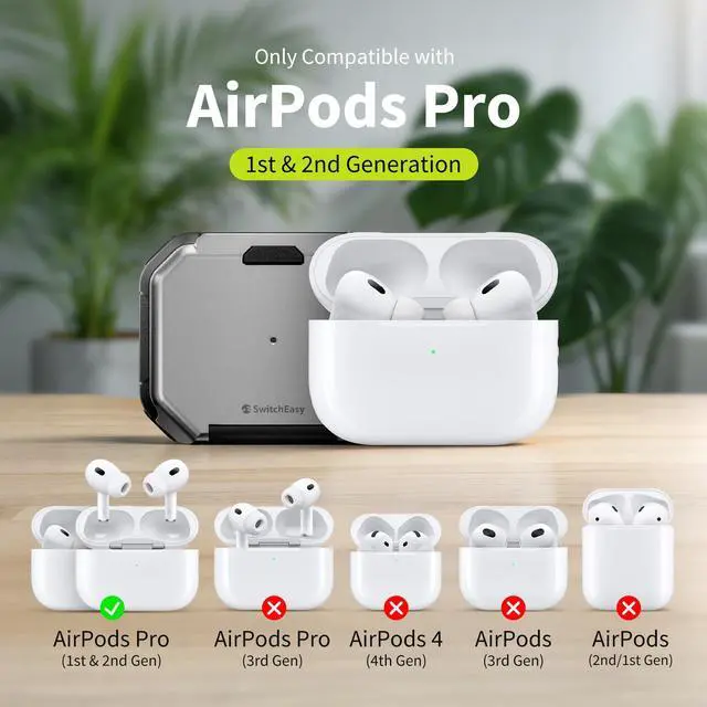 Alt view image 7 of 7 - Defender for AirPods Pro 2 Case with Lock, Military-Grade Hard Shell, Built-in Stand, Shockproof Drop Protection, Carabiner for AirPods Pro 2nd/1st Gen (Space Gray)