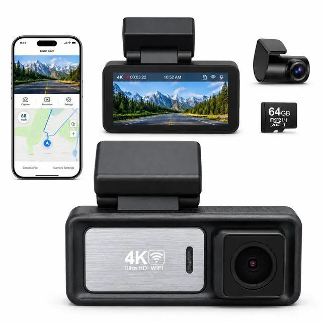 Main image of 4K Dual Dash Cam Front and Rear UHD 2160P & 1080P Car Camera with WiFi, 60FPS, 64GB SD Card Included, Night Vision, Parking Mode, G-Sensor, Loop Recording, 170° Dash Camera for Cars Trucks RV