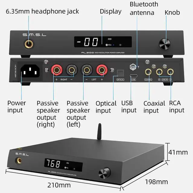 Alt view image 4 of 7 - AL200 Stereo Integrated Amplifier, 2-Channel Class D Audio Headphone Amp, MA5332MS Chip XMOS XU-316 MQA DSD Native 256, RCA/Bluetooth/USB/Coaxial/Optical Input with IR Remote Control