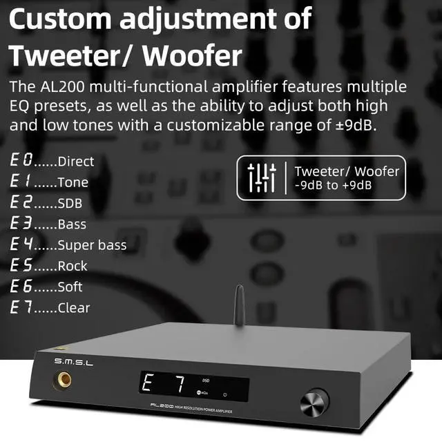 Alt view image 5 of 7 - AL200 Stereo Integrated Amplifier, 2-Channel Class D Audio Headphone Amp, MA5332MS Chip XMOS XU-316 MQA DSD Native 256, RCA/Bluetooth/USB/Coaxial/Optical Input with IR Remote Control