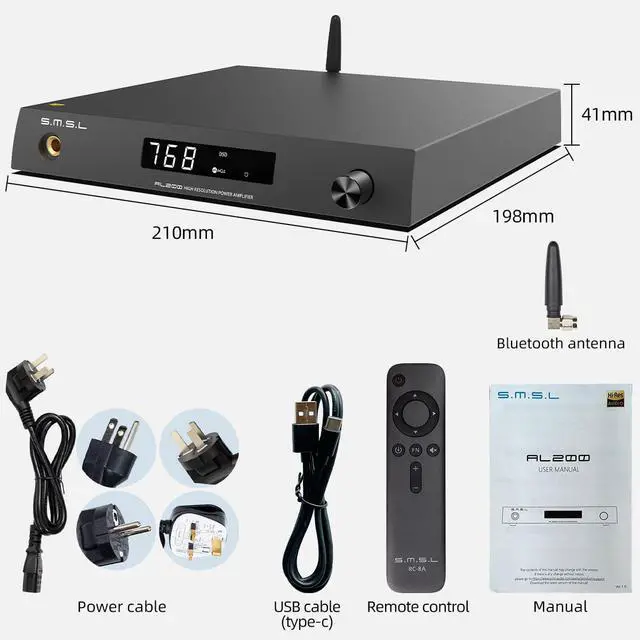 Alt view image 6 of 7 - AL200 Stereo Integrated Amplifier, 2-Channel Class D Audio Headphone Amp, MA5332MS Chip XMOS XU-316 MQA DSD Native 256, RCA/Bluetooth/USB/Coaxial/Optical Input with IR Remote Control