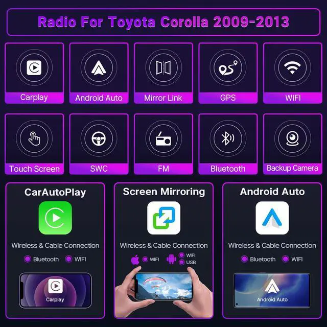 Alt view image 3 of 6 - Car Stereo for Toyota Corolla 2009 2010 2011 2012 2013 Radio 2+32G | Compatible with Wireless Apple Carplay 9'' Touch Screen in-Dash GPS Navigation Bluetooth WiFi Mirror Link Unit Backup Camera