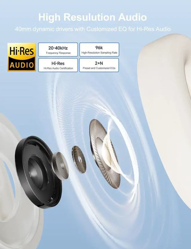 Alt view image 4 of 6 - W800BT Pro Headphones with -44dB Hybrid Active Noise Cancelling | 253g Lightweight Comfort Over Ear Wireless Bluetooth Headphones with Foldable Design, Hi-Res Audio, AI Clear Call & Custom EQ