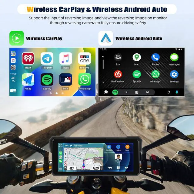 Alt view image 2 of 7 - 8.1 Inch IPS Waterproof Portable CarPlay Screen for Motorcycle with Wireless CarPlay&Android Auto,GPS Display,Bluetooth,TF Port,Support Siri,12V Power Supply