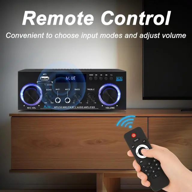 Alt view image 5 of 7 - AK50 Stereo Amplifier Home Audio, Stereo Receivers 400W Home 2 Channel Bluetooth 5.0 Power Amplifier System, FM Radio, USB, SD Card, with Remote Control for Home Theater Speakers Studio, Karaoke