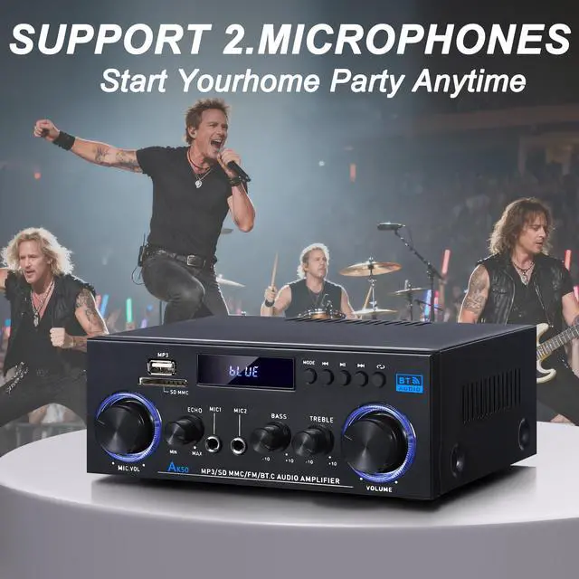 Alt view image 6 of 7 - AK50 Stereo Amplifier Home Audio, Stereo Receivers 400W Home 2 Channel Bluetooth 5.0 Power Amplifier System, FM Radio, USB, SD Card, with Remote Control for Home Theater Speakers Studio, Karaoke