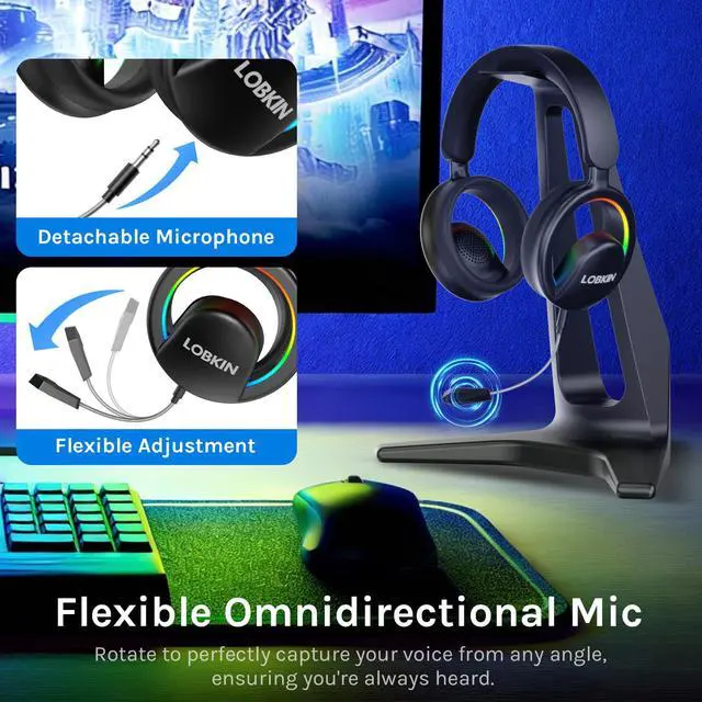 Alt view image 2 of 7 - Open Ear Headphones, Bluetooth 6.0 Wireless Headset with Detachable Mic, Adjustable RGB Lights, Voice Assistant Comfortable Breathable Safe Lightweight Over Ear Headphones for Working Gaming