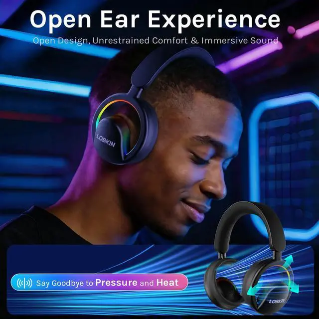 Alt view image 3 of 7 - Open Ear Headphones, Bluetooth 6.0 Wireless Headset with Detachable Mic, Adjustable RGB Lights, Voice Assistant Comfortable Breathable Safe Lightweight Over Ear Headphones for Working Gaming